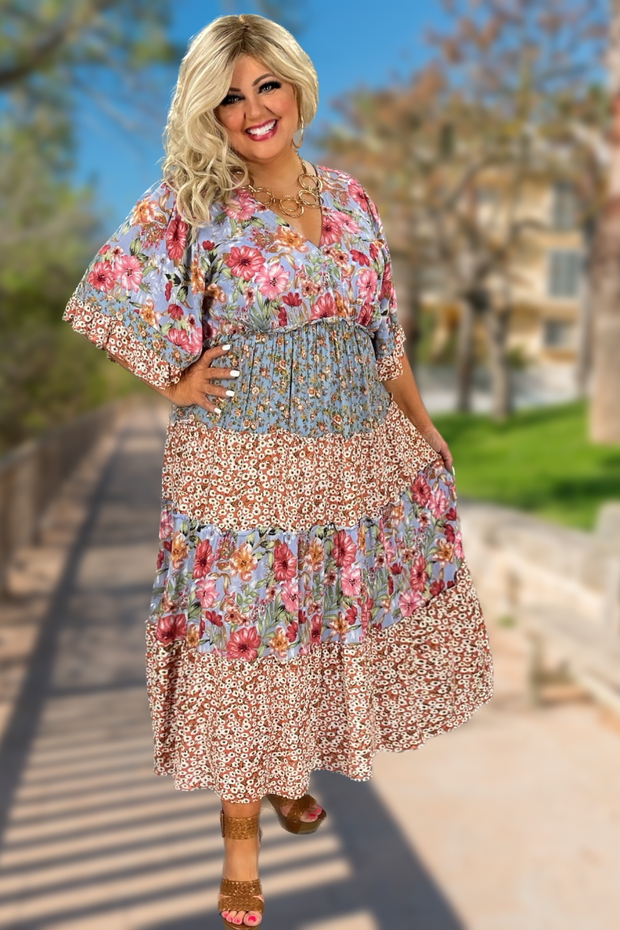 LD-O {In The Breeze} Umgee Blue Floral Tiered Midi Dress PLUS SIZE XL 1X 2X