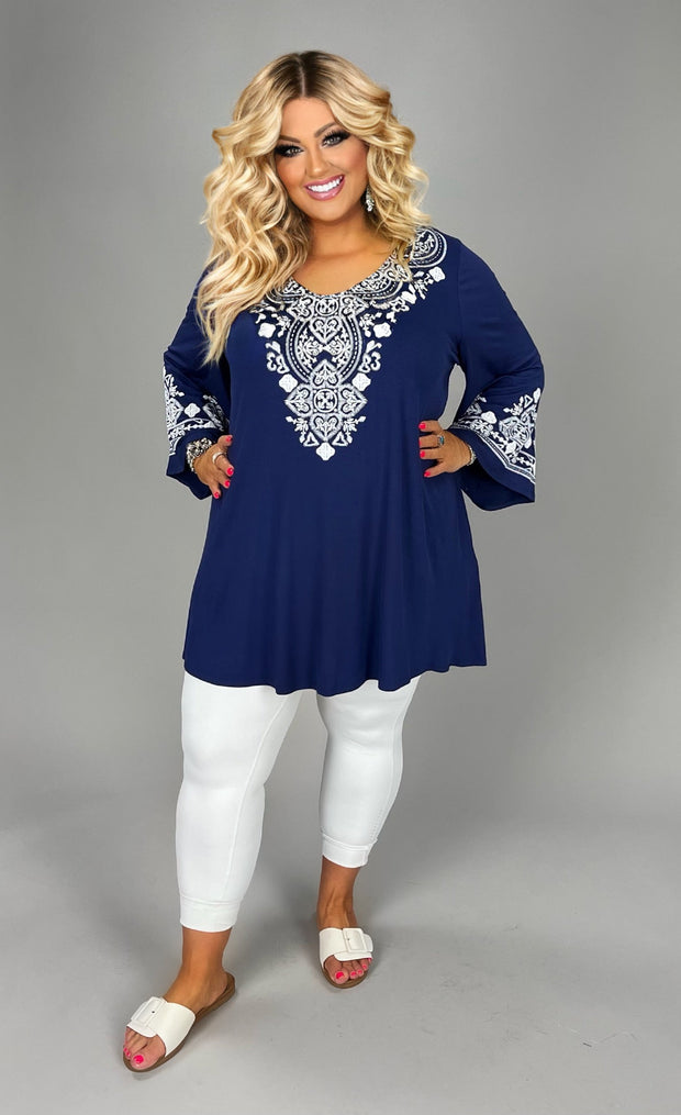 61 SD {Classy Beauty} Navy V-Neck Embossed Tunic CURVY BRAND!!!  EXTENDED PLUS SIZE XL 2X 3X 4X 5X 6X