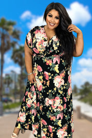 LD-Z & G {Mellow Moment} Black Floral Smocked Maxi Dress PLUS SIZE 1X 2X 3X