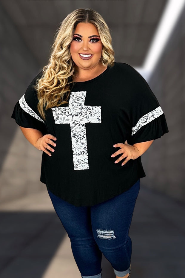 42 SD-Q {Mighty Cross} Black/Ivory Lace Cross & Sleeve Detail Top CURVY BRAND!!!  EXTENDED PLUS SIZE XL 2X 3X 4X 5X 6X