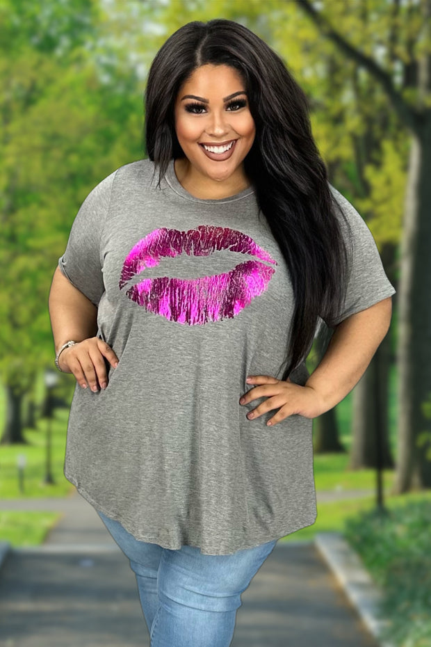 30 GT-P {Blowing Kisses} Heather Grey  Lips Graphic Tee  CURVY BRAND!!!  EXTENDED PLUS SIZE XL 2X 3X 4X 5X 6X