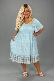 17 CP-H {Make Time For Love} Aqua Print Smocked Dress PLUS SIZE XL 2X 3X