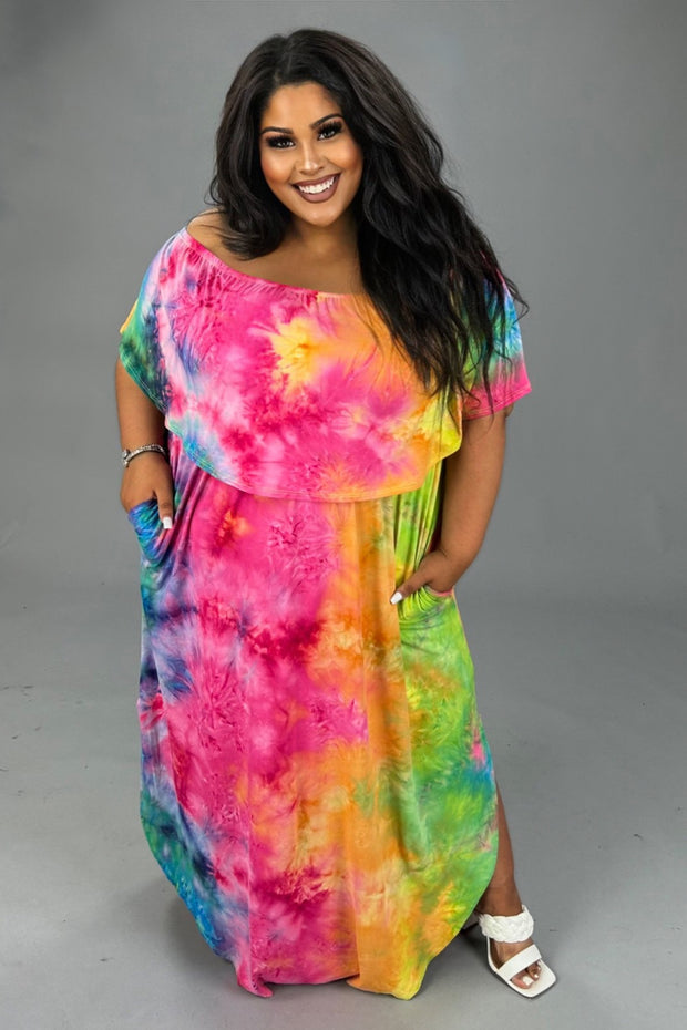 LD-O {Pretty Graceful} Fuchsia/Blue Tie Dye Off Shoulder Maxi CURVY BRAND!!!   EXTENDED PLUS SIZE XL 2X 3X 4X 5X 6X