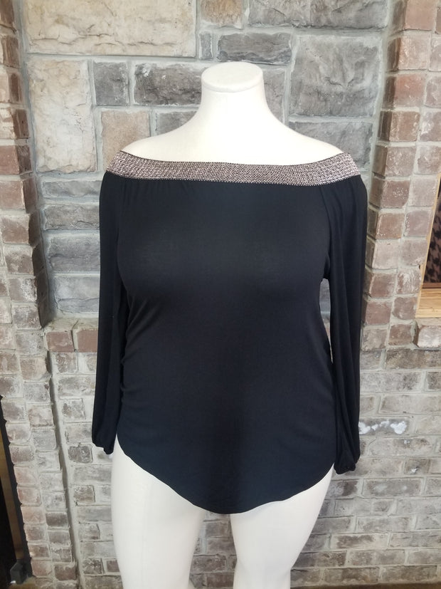 OS-F {Glamorous Night} Black Rose Gold Detail Off Should Top PLUS SIZE XL 2X 3X