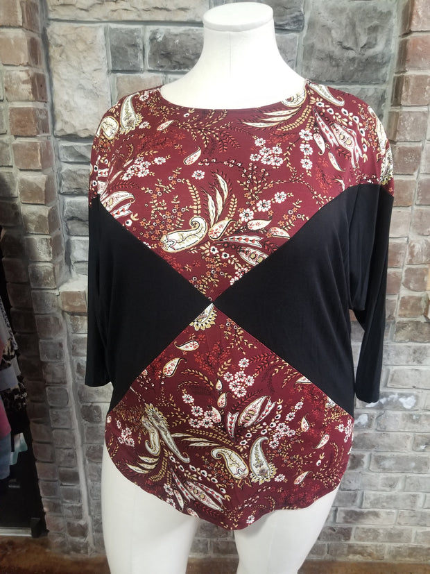 CP-P {Harvest Blessing}  Maroon Black Paisley Print Top PLUS SIZE XL 2X 3X