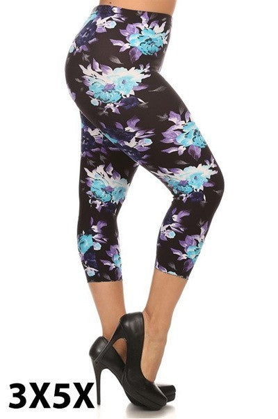 BIN 99 {Spring Time} Purple/Blue Floral High Waist Capri Leggings EXTENDED PLUS SIZE 3X/5X