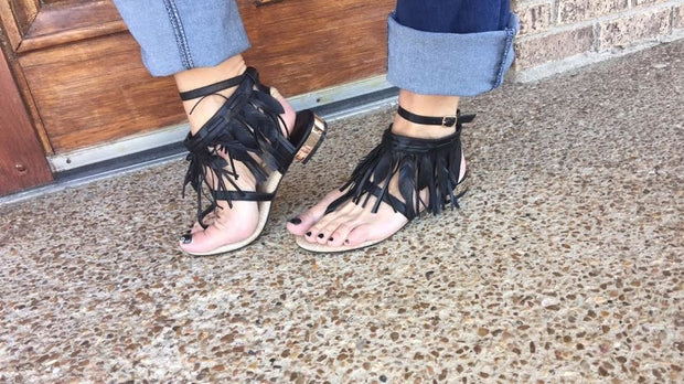 SHOES {JACOBIES} Black Leather Fringe Down Flat Sandals