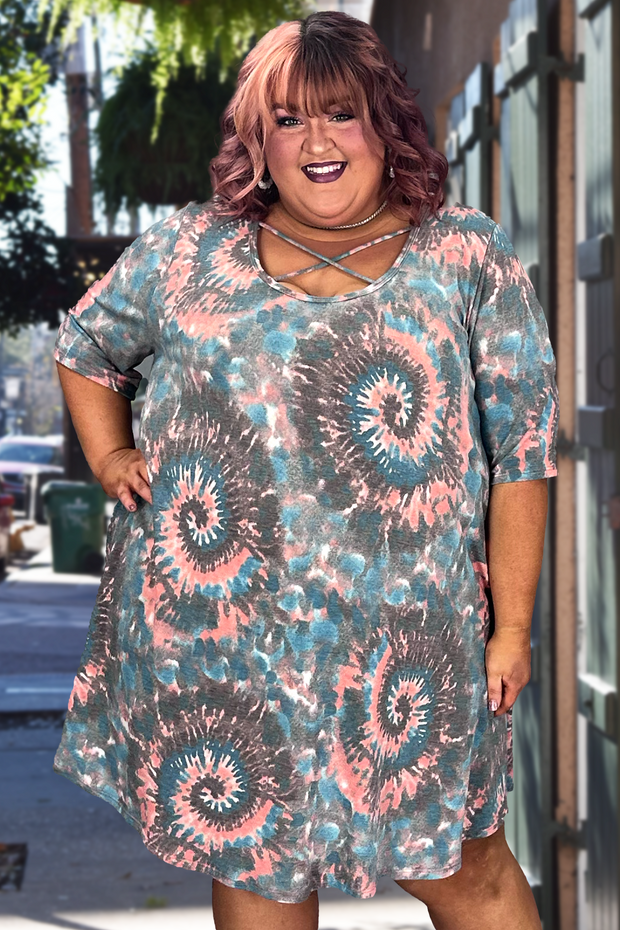 63 PSS-J {Adjust Your Focus} Brown/Coral Print Dress EXTENDED PLUS SIZE 3X 4X 5X