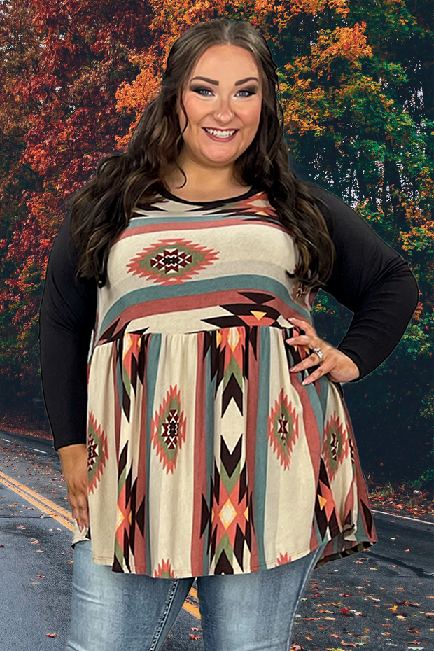 61 CP-B {Adventure Waiting} Brown Aztec Print Babydoll Tunic PLUS SIZE 1X 2X 3X