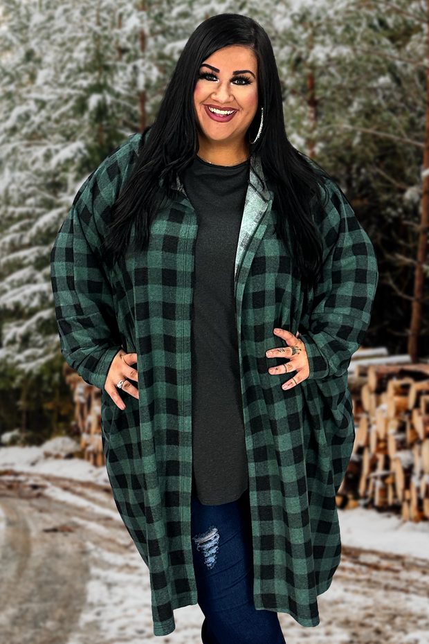 56 OT-G {Along The Drive} Green Plaid Hooded Cardigan EXTENDED PLUS SIZE 3X 4X 5X