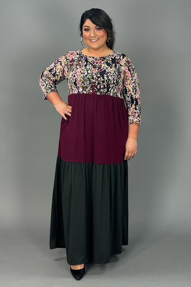 LD-M {Always Evolving} Burgundy/Charcoal Print Maxi Dress PLUS SIZE 1X 2X 3X