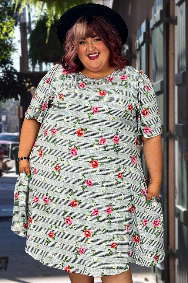 30 PSS-F {Basket of Roses} Checkered w Roses Print EXTENDED PLUS SIZE 3X 4X 5X