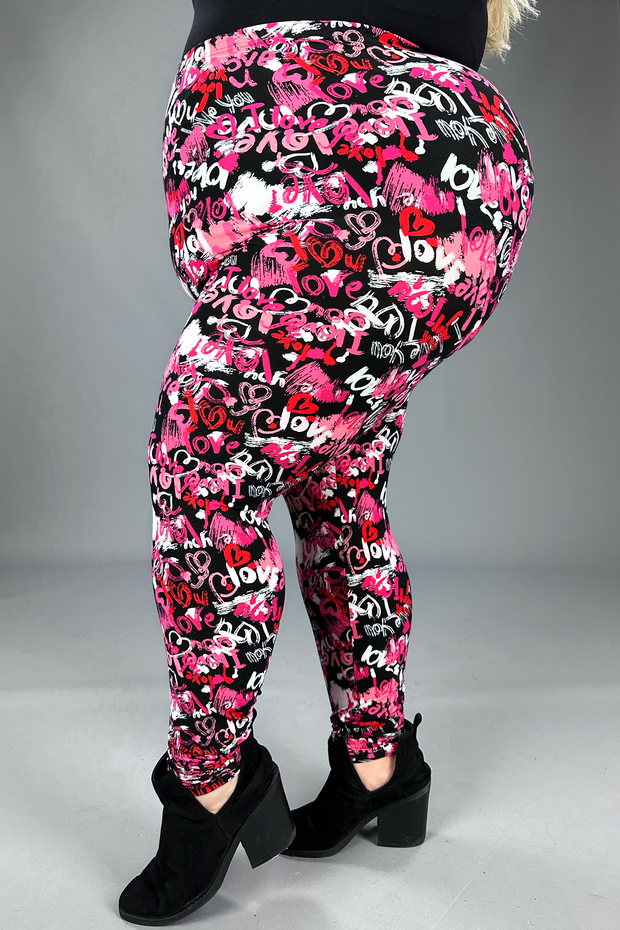 LEG-P {Best of My Heart} Black Print Legging W/Hearts EXTENDED PLUS SIZE 3X/5X