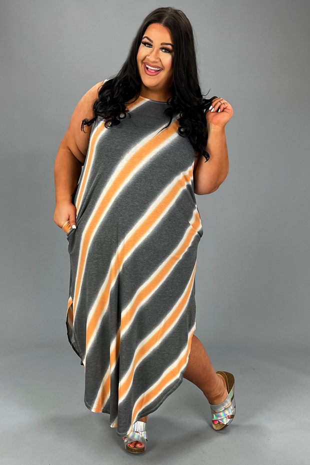 LD-O {Big Adventure} Charcoal Stripe Print Maxi Dress PLUS SIZE 1X 2X 3X