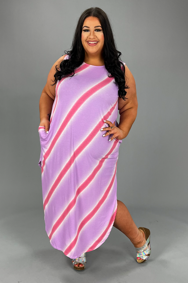 LD-O [Big Adventure} Lavender Stripe Print Maxi Dress PLUS SIZE 1X 2X 3X