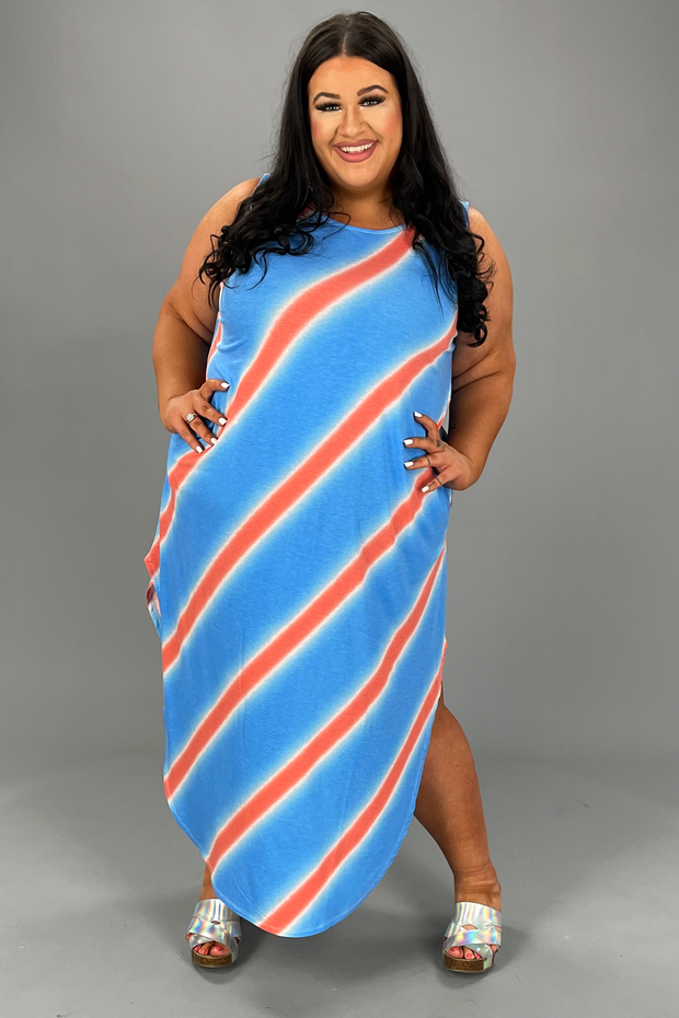 LD-S {Big Adventure} Sky Blue Stripe Print Maxi Dress PLUS SIZE 1X 2X 3X