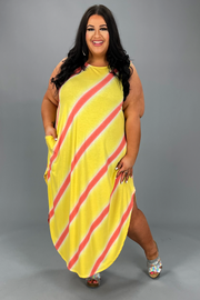 LD-R [Big Adventure} Yellow Stripe Print Maxi Dress PLUS SIZE 1X 2X 3X