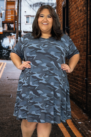 28 PSS-T {Blending In} Dark Blue Camo V-Neck Dress EXTENDED PLUS SIZE 3X 4X 5X