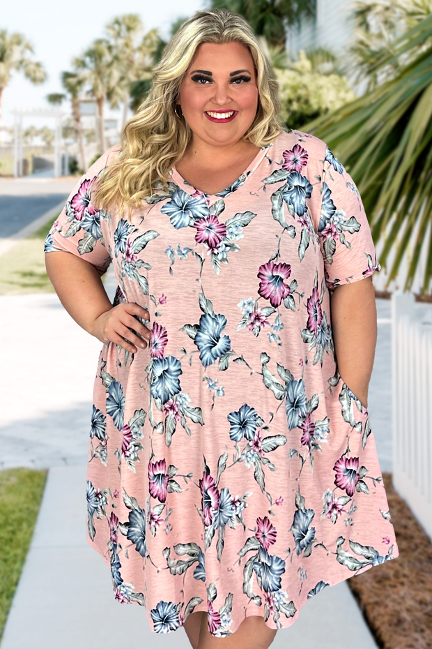 86 PSS-C {Breathing Easy} Blush Floral V-Neck Dress EXTENDED PLUS SIZE 3X 4X 5X