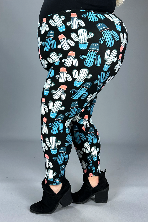 LEG-53 {Cactus Garden} Cactus Printed Butter Soft Capri Leggings EXTENDED PLUS SIZE 3X/5X