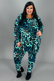 17 SET-B {Call On Me} Teal Leopard Print Top & Pant Set EXTENDED PLUS SIZE 3X 4X 5X