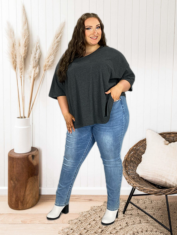 46 SSS-F {Charm Me} Charcoal Oversized V-Neck Top PLUS SIZE 1X 2X 3X