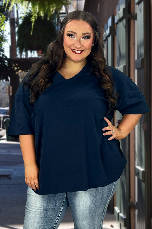 46 SSS-B {Charm Me} Dark Navy Oversized V-Neck Top PLUS SIZE 1X 2X 3X