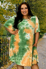 81 PSS-B {Color My Town} Green Tie Dye Dress W/Pockets  PLUS SIZE 1X 2X 3X