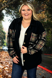 20 OT-T {Country Plaid} Black Button w/Plaid Sleeves Shacket PLUS SIZE 1X 2X 3X