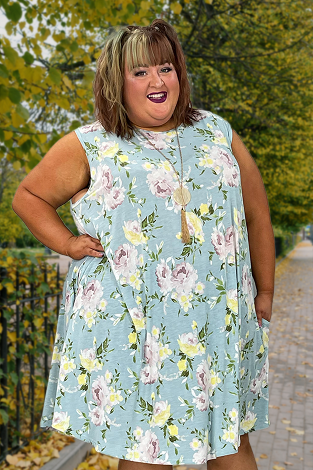 70 SV-I {Covered in Floral} Blue Floral Printed Dress EXTENDED PLUS SIZE 3X 4X 5X