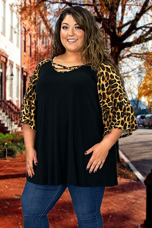 22 CP-K {Cross It Off} BLACK ***FLASH SALE***Leopard Criss-Cross Tunic Extended Plus Size 1X 2X 3X 4X 5X 6X