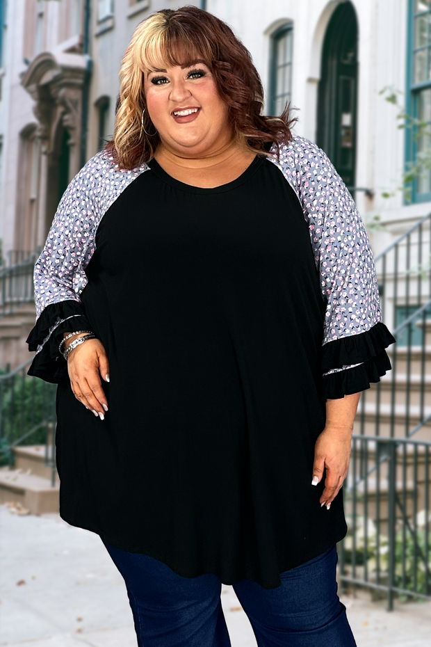 77 CP-C {Dainty & Sweet} Black Purple Flower Contrast Top CURVY BRAND EXTENDED PLUS SIZE 1X 2X 3X 4X 5X 6X