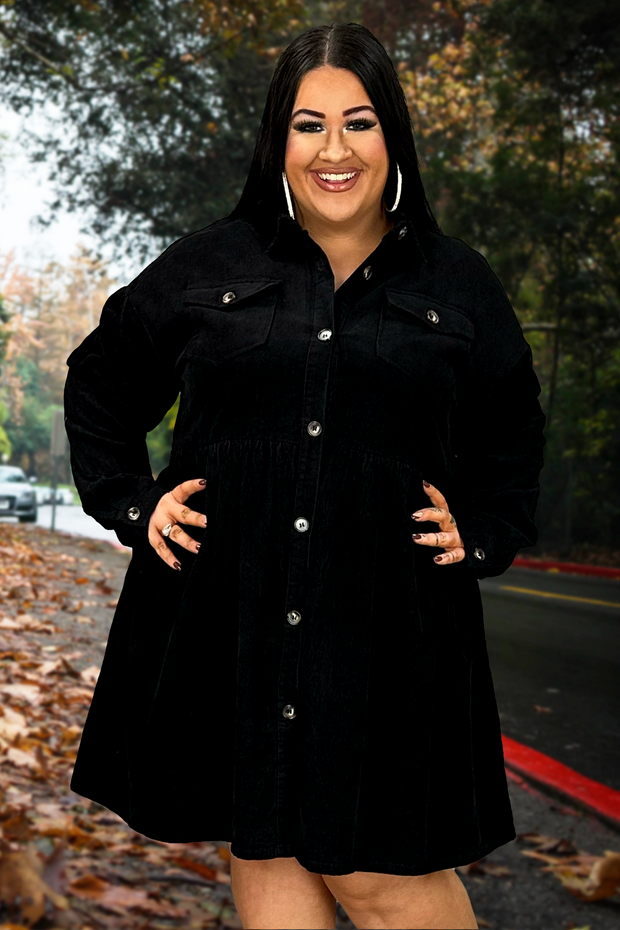 95 PLS-F {Dark As Night} Black Button Up Corduroy Dress SALE!!  PLUS SIZE 1X/2X  2X/3X