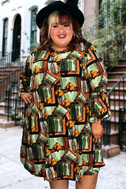 79 PQ-A {Diamonds Floating} Olive/Rust Print Dress SALE!!!  EXTENDED PLUS SIZE 3X 4X 5X