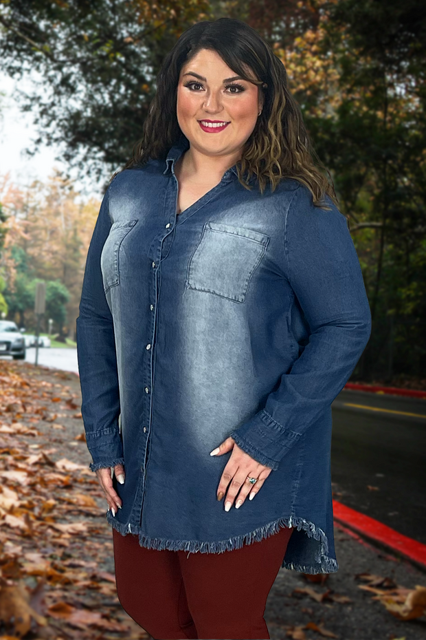 14 SLS-B {Doing Alright}  Dk. Denim Chambray Button Up Tunic PLUS SIZE 1X 2X 3X