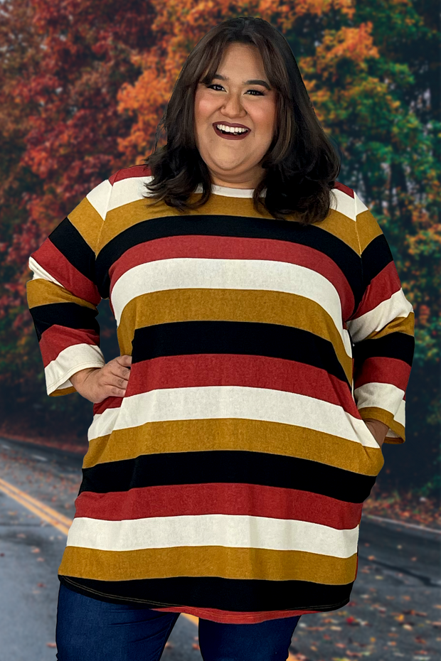 54 PQ-O {Earn My Stripes} Mustard/Brick Stripe Print Tunic SALE!!!CURVY BRAND!!!  EXTENDED PLUS SIZE 1X 2X 3X 4X 5X 6X