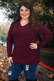 31 SLS-G {Ease Your Mind} Dk. Burgundy V-Neck Top w/Pocket PLUS SIZE 1X 2X 3X