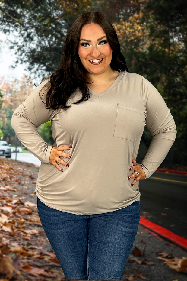 31 SLS-I {Ease Your Mind} Ash Mocha V-Neck SALE!! Top w/Pocket PLUS SIZE 1X 2X 3X