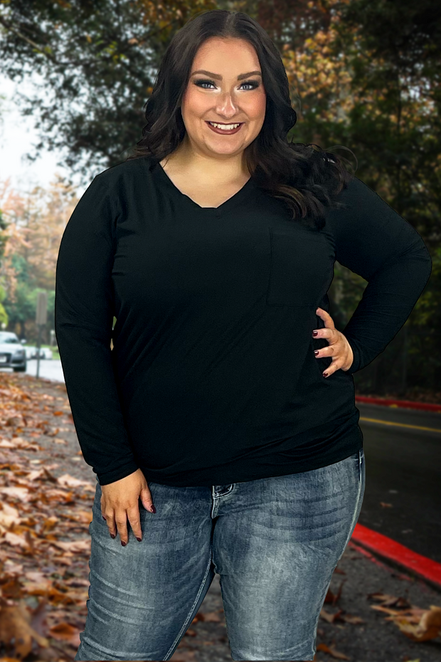 30 SLS-E {Ease Your Mind} Black V-Neck Top w/Pocket PLUS SIZE 1X 2X 3X