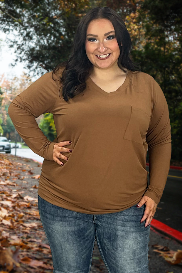 30 SLS-C {Ease Your Mind} Deep Camel V-Neck Top w/Pocket SALE!! PLUS SIZE 1X 2X 3X