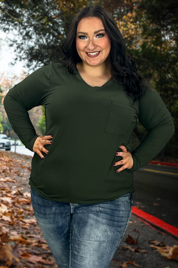 31 SLS-H {Ease Your Mind} Dk. Olive V-Neck Top w/Pocket PLUS SIZE 1X 2X 3X