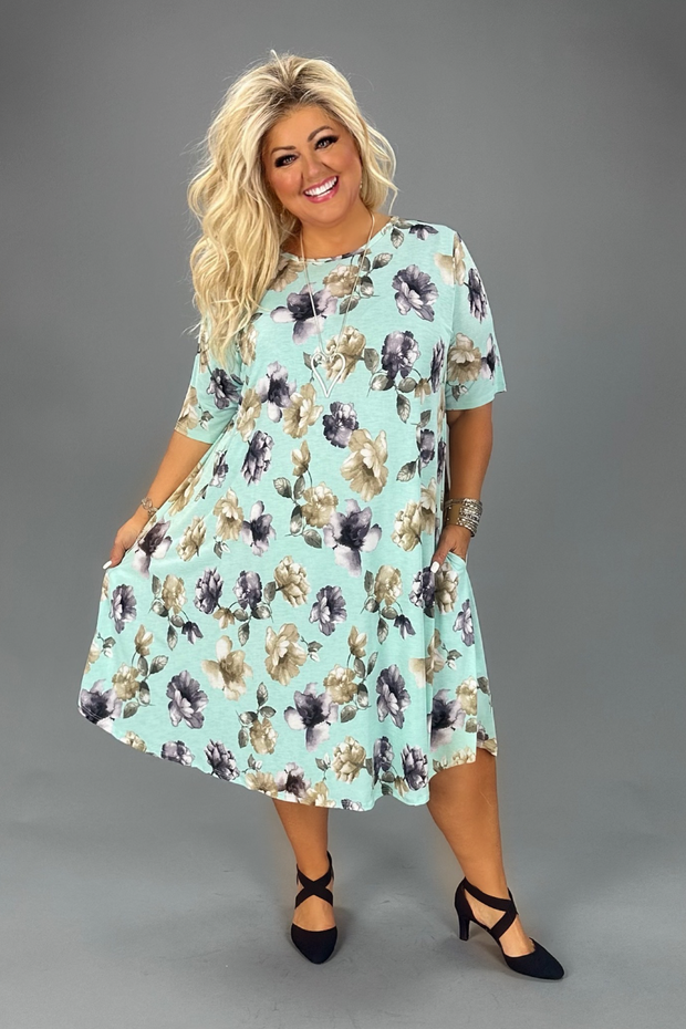 93 PSS-B {Keeping Hopeful} Mint Floral Dress w/Pockets EXTENDED PLUS SIZE 3X 4X 5X