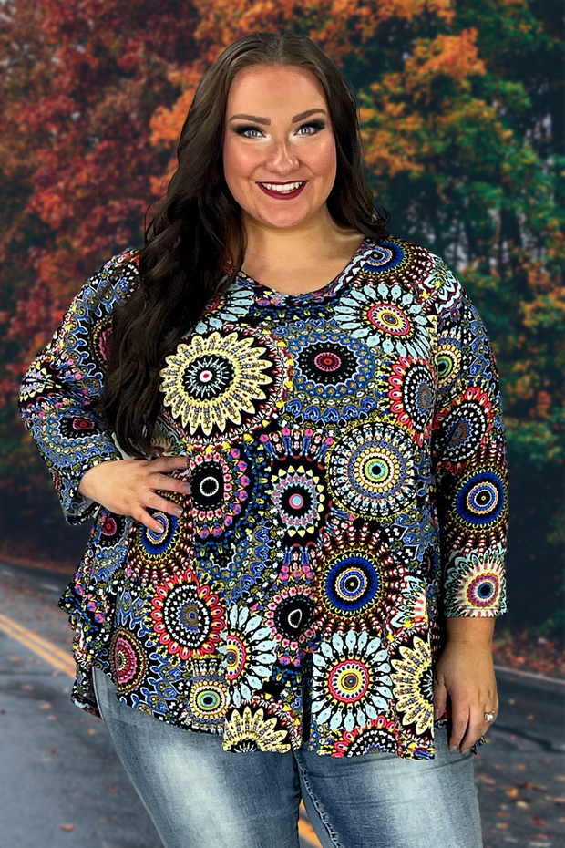 37 PQ-R {Feeling Gifted} Navy Mandala Print Top EXTENDED PLUS SIZE 1X 2X 3X 4X 5X