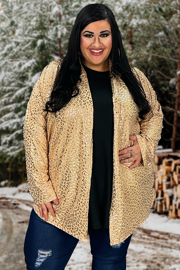 61 OT-A {Feeling Hot} Gold Leopard Print Cardigan PLUS SIZE 1X 2X 3X