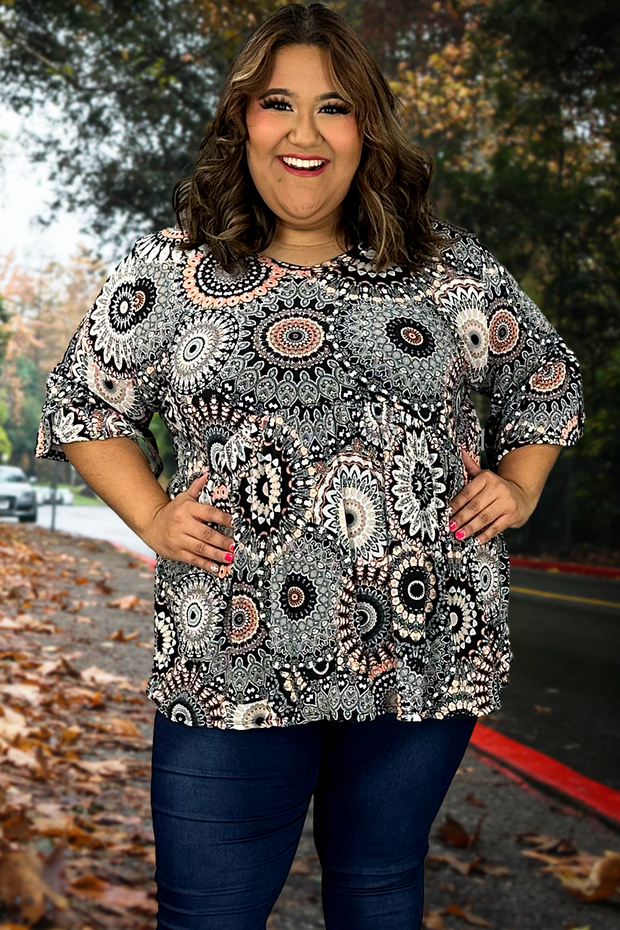 65 PSS-C {Fire And Desire} Grey Mandala Print Babydoll Top EXTENDED PLUS SIZE 3X 4X 5X