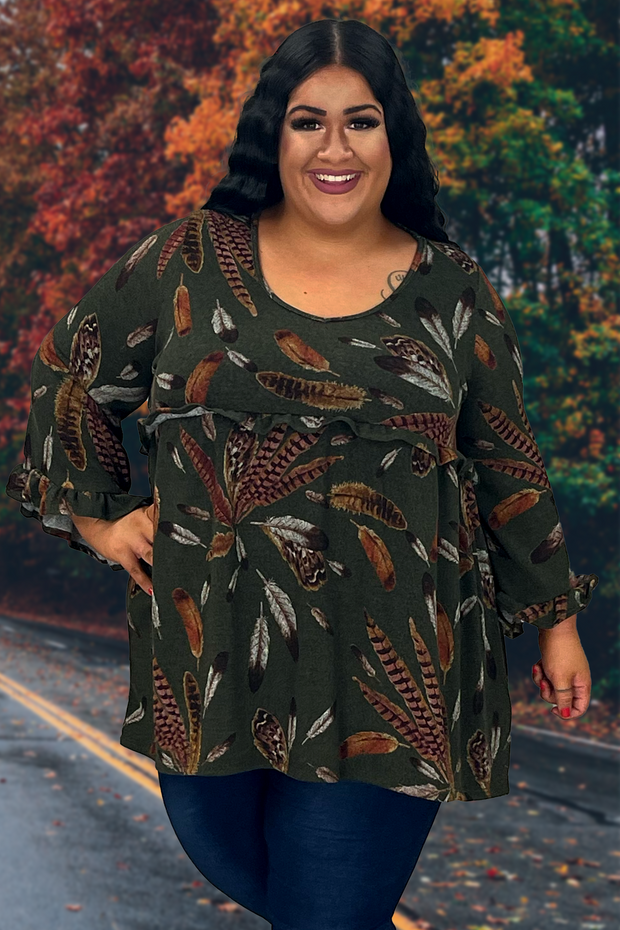 57 PQ-J {Float Like A Feather} Olive Feather Print Babydoll Tunic EXTENDED PLUS SIZE 3X 4X 5X