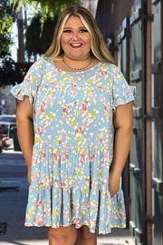 76 PSS-C {Floral Fields} Lt. BLUE Floral Tiered Dress PLUS SIZE 1X 2X 3X