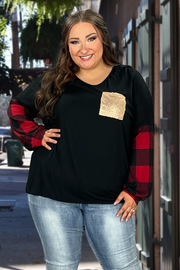 15 CP-H {Glitter Queen}  Black Red Plaid Gold Pocket Top SALE!!!  PLUS SIZE XL 2X 3X