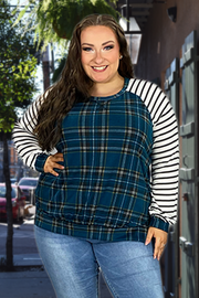 22 CP-T {Gotta Get Out} Blue Plaid White Striped Sleeve Top PLUS SIZE XL 2X 3X