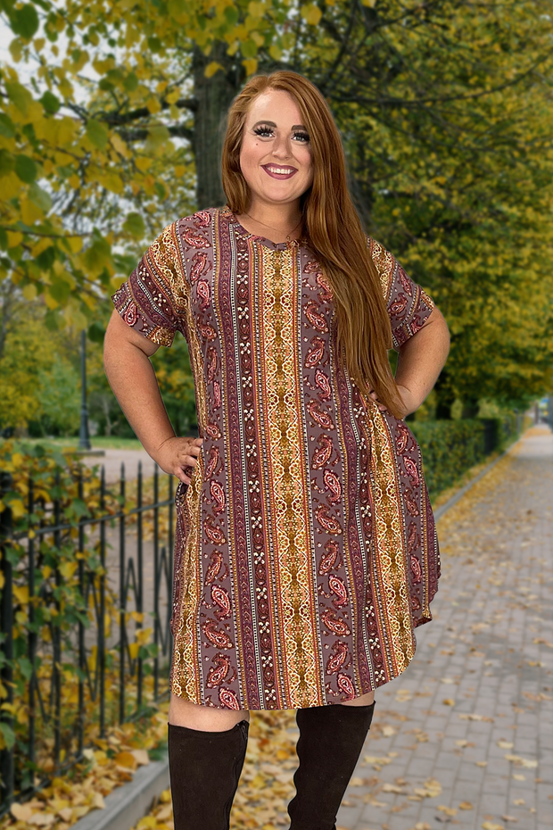 PSS-A {Gypsy Vibes} SALE!! Mustard, Brown Multi Paisley Print Dress PLUS SIZE 1X 2X 3X